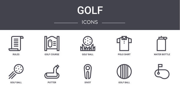 ikony linii koncepcyjnej golfa. zawiera ikony nadajne do sieci, logo, ui / ux, takie jak pole golfowe, koszulka polo, piłeczka golfowa, divot, piłka, , butelka wody, piłka - rules of golf stock illustrations