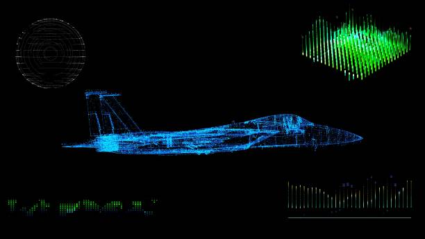A animated 3d blue print model of a fighter jet in Space