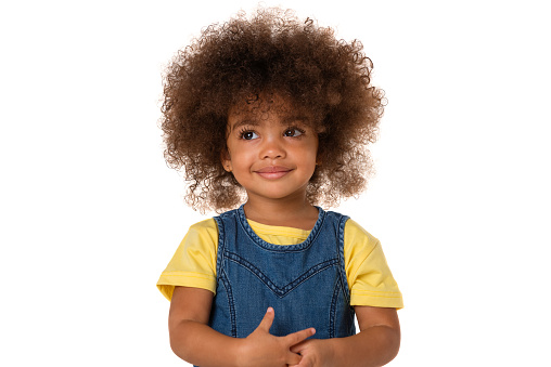 childhood and people concept- portrait of lovely african american little girl, over white background, isolated