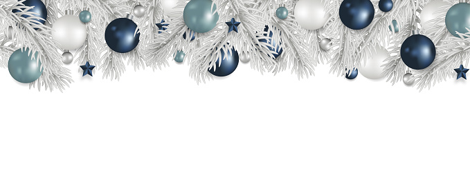 Christmas border decoration with fir branches, Christmas balls, and stars. Garland decor banner. Xmas background. Frame holiday. Vector illustration.