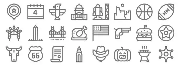 Vector illustration of united states of america line icons. linear set. quality vector line set such as sheriff badge, pumpkin, chrysler building, bull skull, hamburger, golden gate, rugby ball, space shuttle,