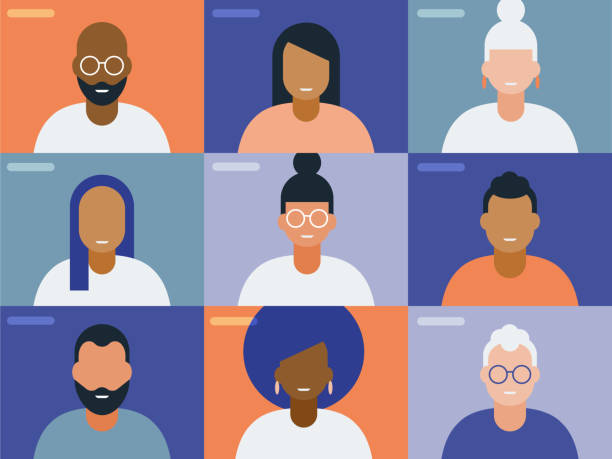 video konferans çağrı ekranında yüzlerin i̇llüstrasyonu - multi etnik grup illüstrasyonlar stock illustrations