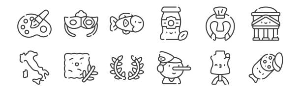 12 set of linear italy icons. thin outline icons such as pepperoni, pinocchio, bread, gladiator, fish, eye mask for web, mobile. 12 set of linear italy icons. thin outline icons such as pepperoni, pinocchio, bread, gladiator, fish, eye mask for web, mobile pinocchio illustrations stock illustrations