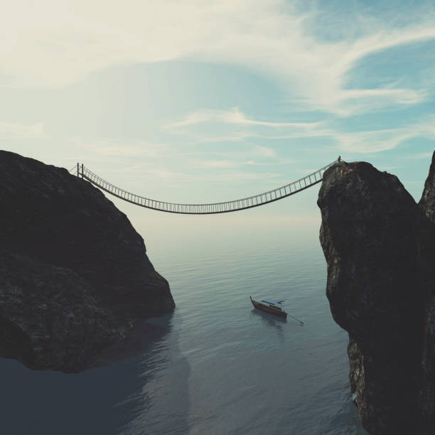 istock Old bridge between two ocean coast moutains . This is a 3d render illustration 1254319711