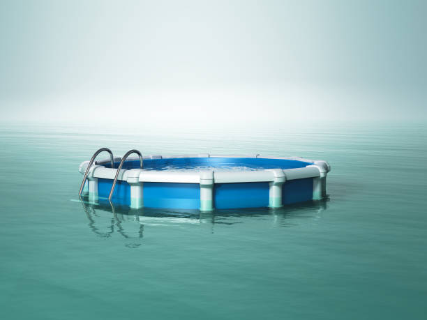 Infinity swimming pool concept . Garden pool into the ocean . This is a 3d render illustration .