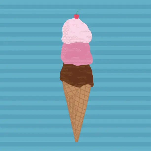 Vector illustration of Triple Scoop Ice Cream Waffle Cone with a Cherry on Top - Vector Illustration of a Summertime Dessert