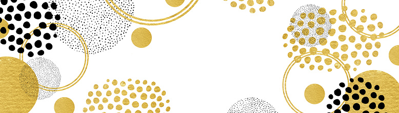 Gold black and white modern background design, shiny gold metal circle shapes rings and spots layered with black spots on white background in creative fun design elements