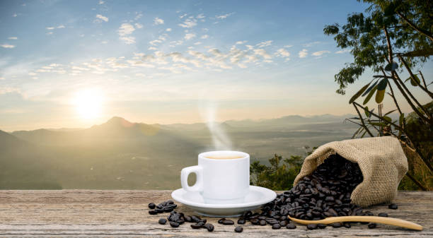 istock Morning coffee cup and Roasted coffee beans views with mountain sun 1254323393