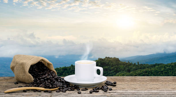 istock Morning coffee cup and Roasted coffee beans views with mountain sun 1254323405