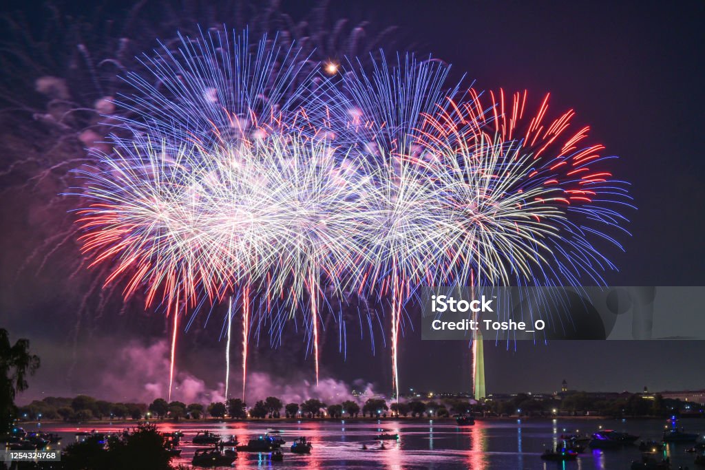Fireworks - Celebrating Independence Day 4th of July Colorful fireworks at Washington DC, capital city of United States of America. Celebrating Independence Day, 4th of July Firework - Explosive Material Stock Photo
