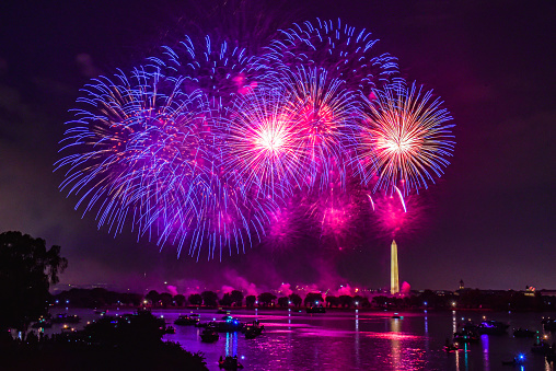 Colorful fireworks at Washington DC, capital city of United States of America. Celebrating Independence Day, 4th of July