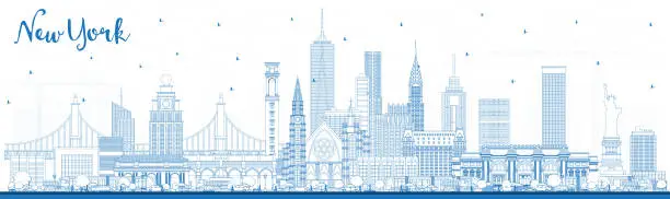 Vector illustration of Outline New York USA City Skyline with Blue Buildings.