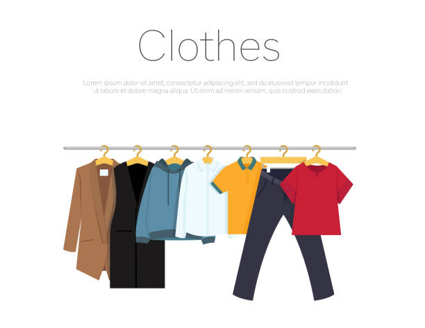 ilustrações de stock, clip art, desenhos animados e ícones de men's and woman's clothes on hangers, vector illustration - striped shirt