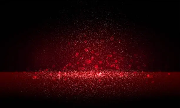 Vector illustration of Luxury red gold glitter particles on black background. Red glowing lights magic effects. Glow sparkles, vector illustration.