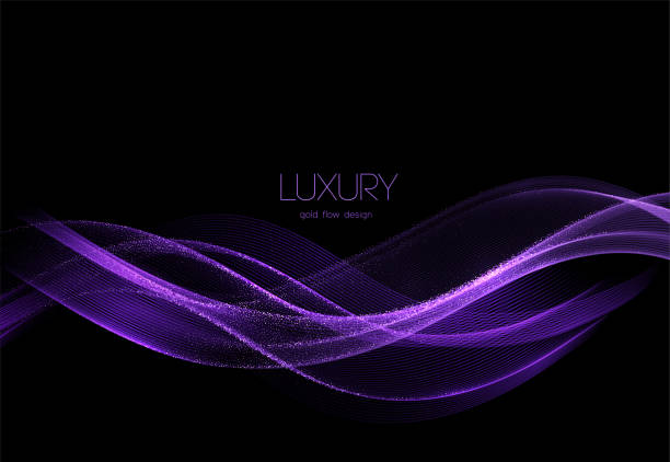 Abstract shiny color purple gold wave design element Abstract shiny color purple gold wave design element on dark background. Fashion motion flow design for voucher, website and advertising design. for cosmetic gift voucher ribbon background stock illustrations