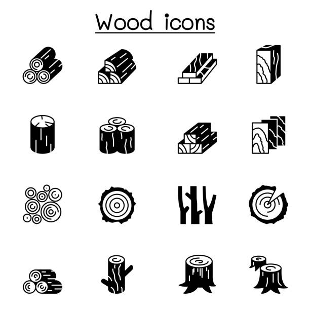 ilustraciones, imágenes clip art, dibujos animados e iconos de stock de icono de madera conjunto de ilustración vectorial diseño gráfico - lumber industry tree log tree trunk