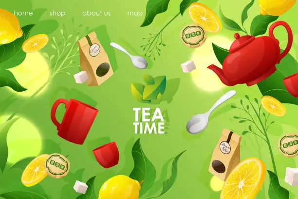 Vector illustration of Tea ceremony time concept landing cartoon vector illustration. Kettle lemon slice sweet white sugar spoon coffee pot business web banner.