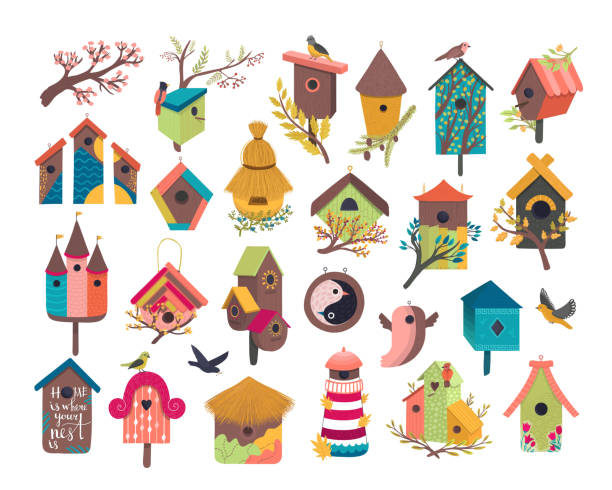 Decorative bird house vector illustration set, cartoon cute bird Decorative bird house vector illustration set. Cartoon cute birdhouse for flying birds, cute birdbox, colorful birdie wooden home on garden tree branch with spring flowers flat icons isolated on white Birdhouse stock illustrations