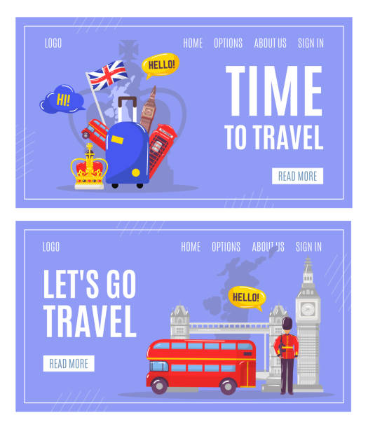 Learning english language and travel to England webpage template Learning english language and travel to England webpage tourism set vector illustration. English flag with dictionary, tiny man in national cloths in London. Time to travel to England web sites. bavarian state parliament stock illustrations