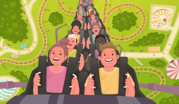 Vector illustration of Happy and excited people ride a roller coaster. Amusement park with attractions. Vector illustration