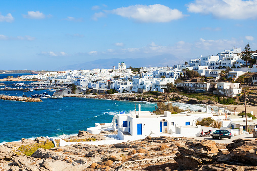 Parikia town aerial panoramic view, Paros island in Greece