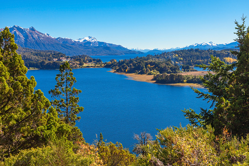 Nahuel Huapi National Park aerial view from the Cerro Campanario viewpoint in Bariloche, Patagonia region in Argentina.