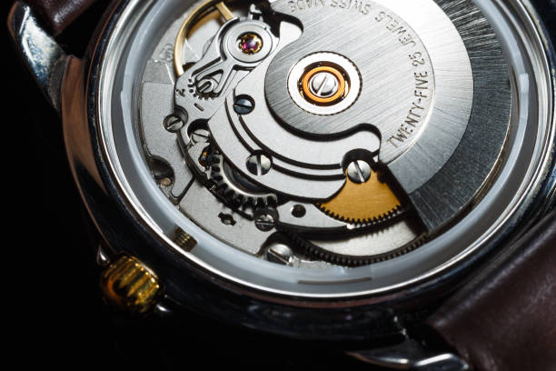 zegarek na rękę z metalowymi zębami i kołami zębatymi. mechanizm zegara makro strzał. - watchmaking time watch silver zdjęcia i obrazy z banku zdjęć