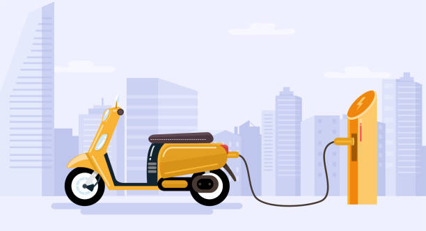illustrazioni stock, clip art, cartoni animati e icone di tendenza di batteria di ricarica per scooter elettrico. vettore - bicicletta elettrica