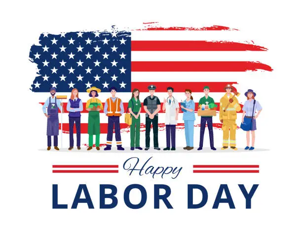 Vector illustration of Happy Labor Day. Various occupations people standing with American flag. Vector