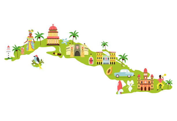 jasne ilustrowane mapa kuby z symbolami, ikonami, znanych miejsc, atrakcji. - cuban ethnicity illustrations stock illustrations
