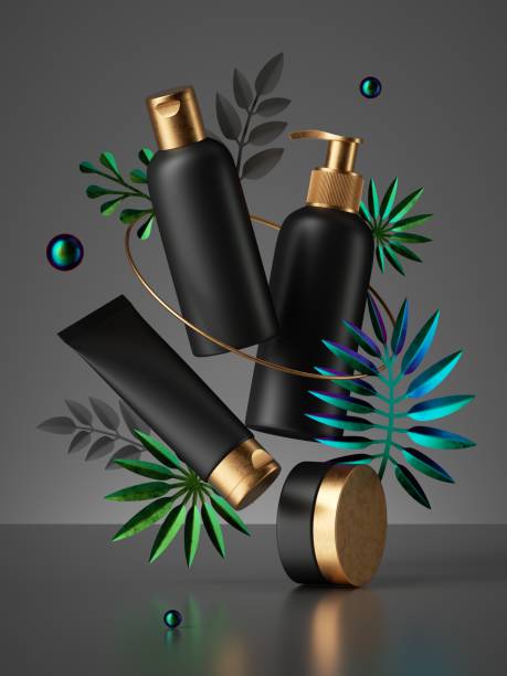 istock 3d render, black cosmetic bottles with golden caps, isolated on dark background. Professional beauty products and palm leaves levitate. Modern blank package. Premium design commercial mockup 1254358414