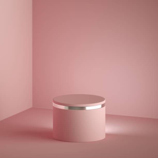 3d render abstract minimal pink background with copy space. Empty podium with silver decor, vacant cylinder pedestal, blank round box mockup isolated inside pink minimal room. Fashion shop display 3d renderizar fondo rosa mínimo abstracto con espacio de copia. podio vacío con decoración plateada, pedestal de cilindro vacío, maqueta de caja redonda en blanco aislada dentro de la habitación minimalista rosa. exhibición de la tienda de moda