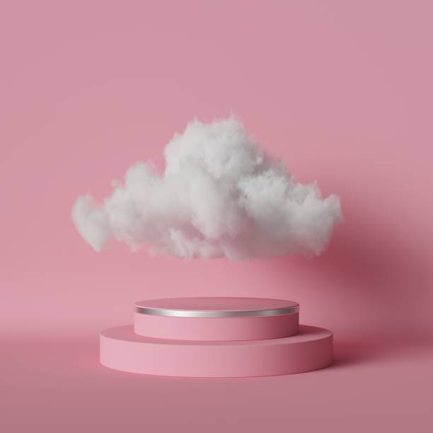 istock 3d render, digital illustration. White cumulus or cloud floating above the round podium, empty stage, cylinder pedestal. Objects isolated inside pink room, modern fashion concept. Dream metaphor 1254358619
