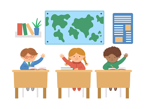 Vector cute happy schoolchildren sitting at the desks with hands up. Elementary school classroom illustration. Clever kids at the lesson. Boys and girl ready to answer teacherâs question.