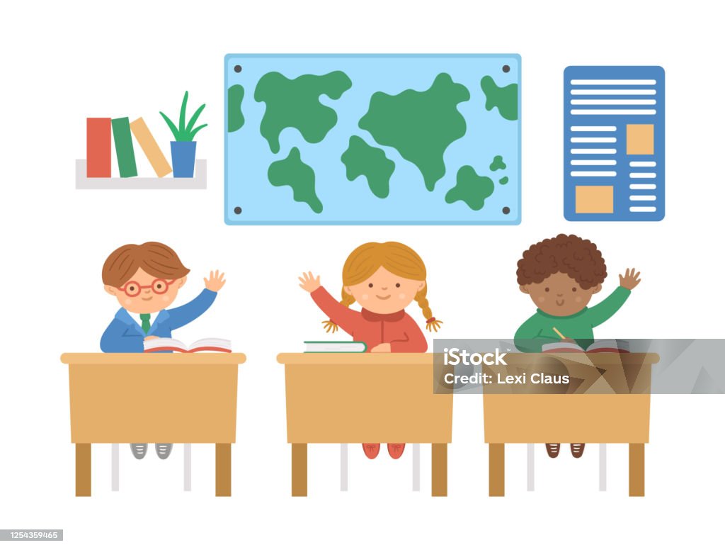 Vector cute happy schoolchildren sitting at the desks with hands up. Elementary school classroom illustration. Clever kids at the lesson. Boys and girl ready to answer teacherâs question. School Building stock vector