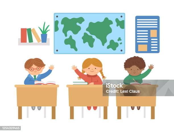 Vector Cute Happy Schoolchildren Sitting At The Desks With Hands Up Elementary School Classroom Illustration Clever Kids At The Lesson Boys And Girl Ready To Answer Teacherâs Question Stock Illustration - Download Image Now