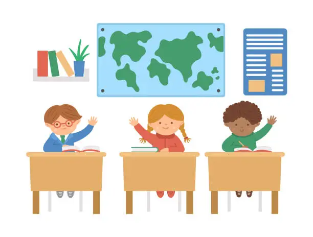 Vector illustration of Vector cute happy schoolchildren sitting at the desks with hands up. Elementary school classroom illustration. Clever kids at the lesson. Boys and girl ready to answer teacherâs question.
