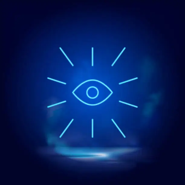 Vector illustration of Eye symbol neon icon. Blue smoke effect blue background