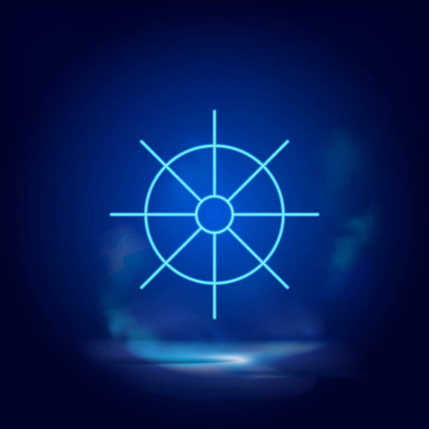 Dharma wheel symbol neon icon. Blue smoke effect blue background Dharma wheel symbol neon icon. Blue smoke effect blue background dharma stock illustrations