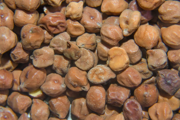Roasted chickpea and raisins on a wooden surface.