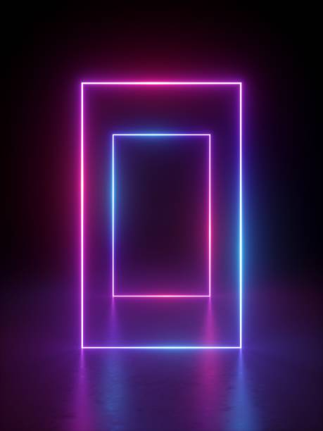 istock 3d render, abstract minimal geometric background. Glowing neon lines. Tunnel, corridor, stage illumination, fashion podium. Blank rectangular frame with copy space 1254368820