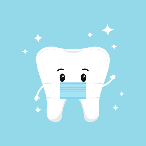 illustrazioni stock, clip art, cartoni animati e icone di tendenza di emoji del dente carino con maschera medica e scintille isolate sullo sfondo. - ammaccato