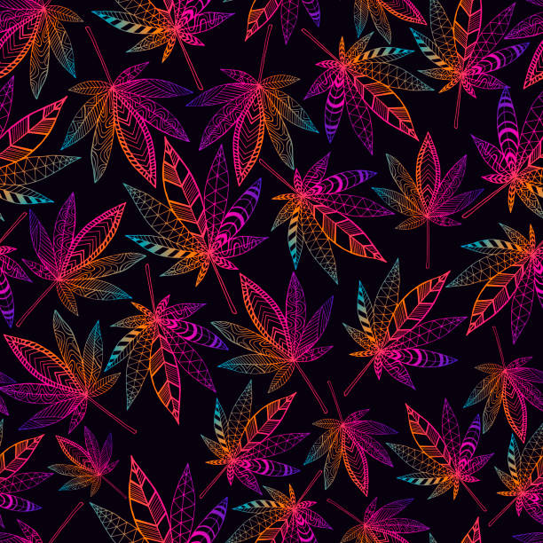 ilustrações de stock, clip art, desenhos animados e ícones de bright hallucinogenic trippy fantastic cannabis leaves, rainbow neon gradient outline color. each sheet has its own pattern. psychedelic vector leaves cannabis seamless pattern, dark background. a symbol of creativity, happiness. altered state of consciou - 1599