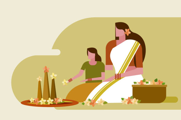 A mother and daughter wearing traditional dress do floral designs on floor. Concept of Onam festival in Kerala A mother and daughter wearing traditional dress do floral designs on floor. Concept of Onam festival in Kerala pookalam stock illustrations