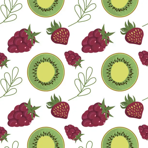 Vector illustration of vector illustration . repeating pattern, summer fruit theme, berries, kivi , strawberry , raspberry fruits, print blank, textile