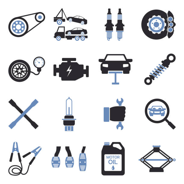 ilustrações, clipart, desenhos animados e ícones de ícones de reparo de carros. dois tons de design plano. ilustração vetorial. - shock absorber car brake motor vehicle