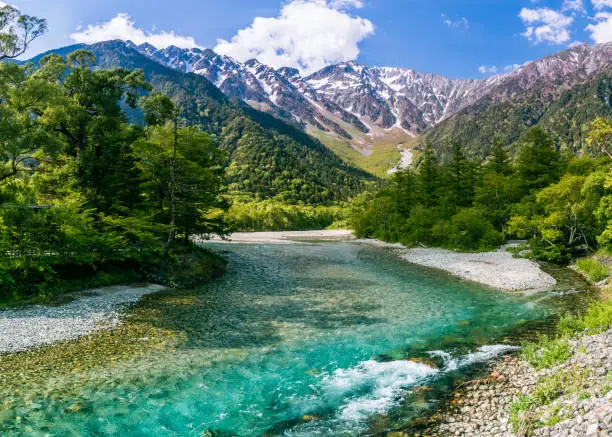 Photo of The Asuza river in the foreground and the Myojindake massif in the background