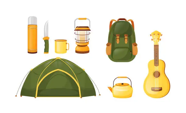 Vector illustration of Camping equipment flat color vector objects set