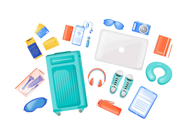 Travel essentials flat color vector objects set Travel essentials flat color vector objects set. Carry on bag. Gadgets and headphones. Freelancer journey equipment. Flight checklist. 2D isolated cartoon illustration on white background semi truck audio stock illustrations