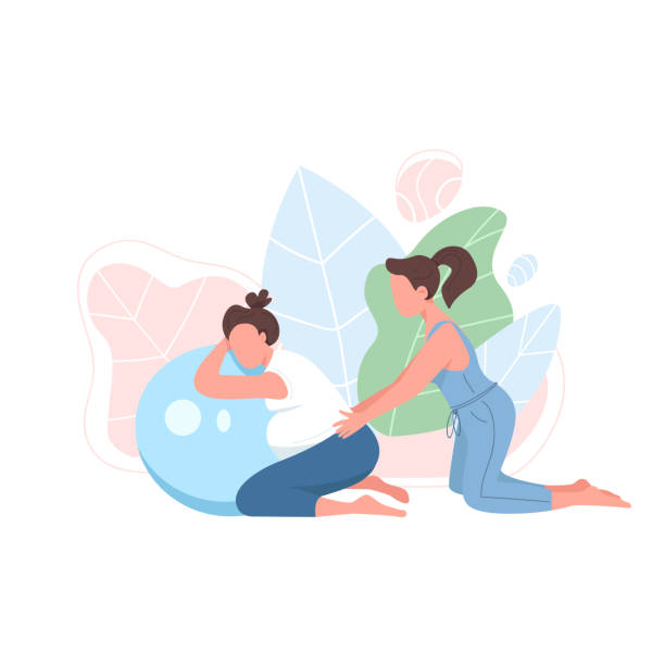 ilustrações, clipart, desenhos animados e ícones de treinador com mulher grávida de cor plana vetor personagem sem rosto - human pregnancy massaging midwife prenatal care
